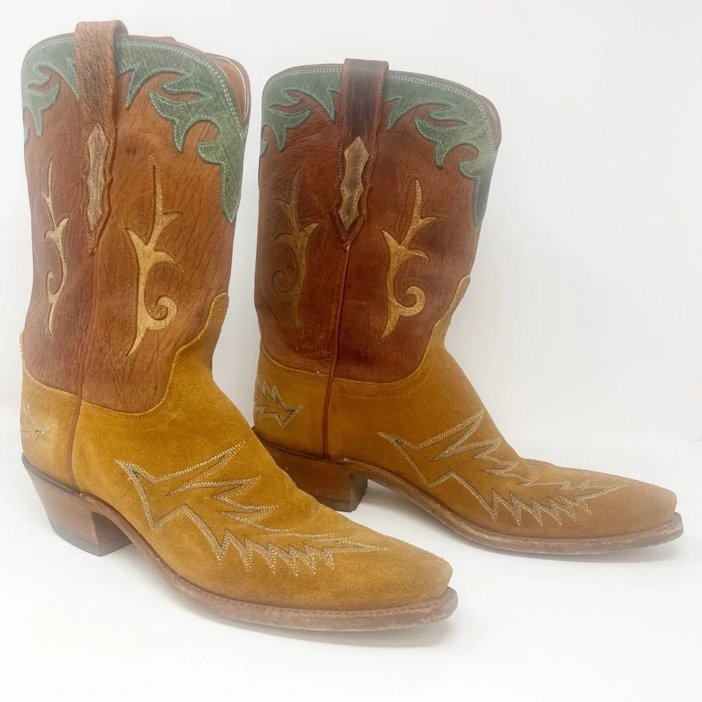 Lucchese Boots Green Suede Snip Toe Western Cowgirl - Picture 3 of 12